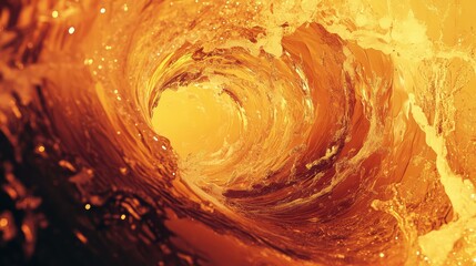 Golden liquid wave creating a powerful and abstract swirling motion with splashing droplets, representing concepts of flow, energy, movement, refreshment, and liquid dynamics
