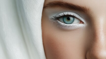 Female eye makeup close-up. Beauty Woman with white make up. Beautiful female face with bright make-up, closeup. Colour trend of 2026. Cloud Dancer Color Pantone 11-4201	