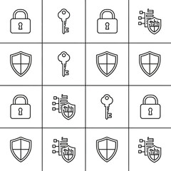 Cyber Security and Access Control Icon Pattern featuring Padlock, Key, and Shield Symbols in Minimal Line Art Style.