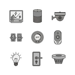 Smart Home and IoT Technology Icon Set: Security Camera, Thermostat, Voice Assistant, Light, and Smart Lock.