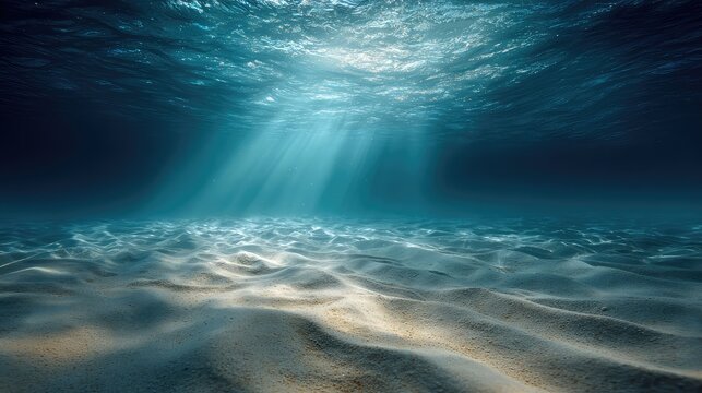 an underwater view of a sunlit ocean floor where the sunlight filters through, creating rays that illuminate the sandy surface