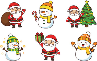 Cute Santa Claus and snowman character vector set with Christmas gifts, candy cane, decorated tree and playful winter holiday poses