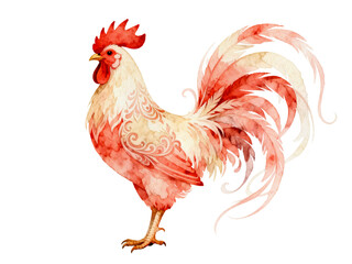 Vibrant Rooster in Watercolor: An elegant rooster, exquisitely rendered in watercolor, displaying a stunning array of colors and intricate details, stands out with its proud posture.