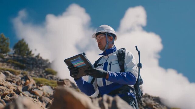 Medium shot of an engineer evaluating geothermal heat signatures on rough terrain, advanced digital instruments capturing data, natural steam vents creating atmospheric effect, hig