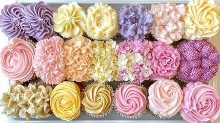 Pastel cupcakes floral frosting swirl decoration sweet treats bakery delights