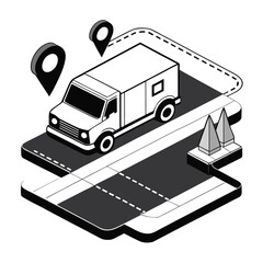 delivery van on a mapped route vector