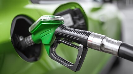 Filling up the green vehicle, ready for the next adventure! Fueling car with gas at the station. Keep the journey going with a reliable refill. Green car gets fuel.