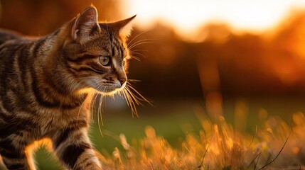 a cat standing in a grassy field with autumnal colors in the background. the cat is looking towards something out of frame with a focused expression