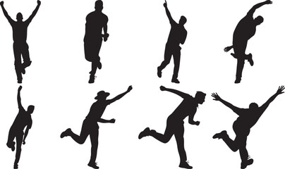 Dynamic silhouettes of people jumping and running on transparent background