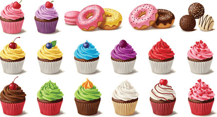 Colorful cupcake and donut dessert vector set with sweet frosting, sprinkles and bakery treats for party, menu and food illustrations