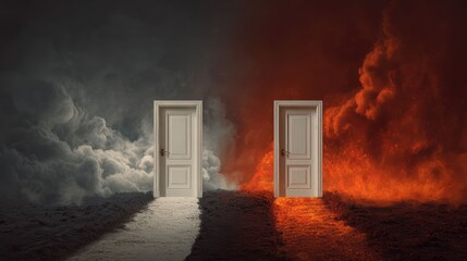 two open doors standing in the middle of a fiery, volcanic landscape, with dark, cloudy skies above