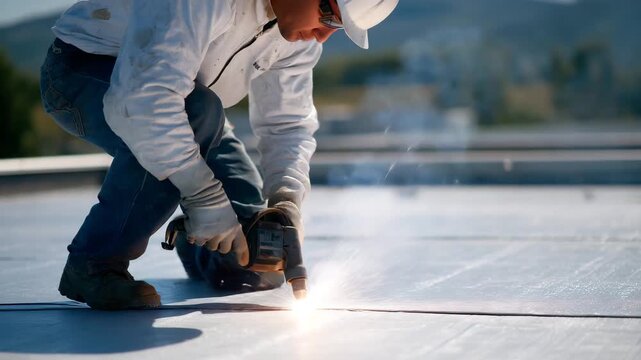 Medium shot showing a technician heatwelding TPO roofing sheets, the bright daylight highlighting the seam as the sheets fuse together, creating a seamless, durable flat roof surfa