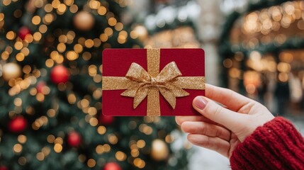 Festive moments with a red gift card adorned with a shimmering gold bow. Giving the gift of possibilities, against the backdrop of a twinkling holiday tree. Share the joy