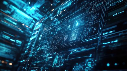 Digital data streams flow through an intricate blue technological grid of abstract circuits and glowing nodes, symbolizing ai, connectivity, advanced computing and futuristic innovation