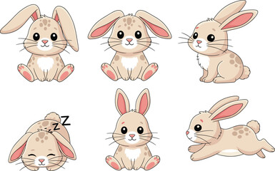 Fototapeta premium Cute beige bunny rabbit character vector set with sitting, sleeping and jumping poses for kids illustrations and playful designs