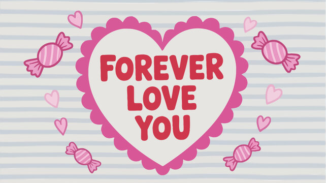 Light gray striped background with a large pink heart saying forever love you surrounded by candies and small hearts, a sweet valentine's day