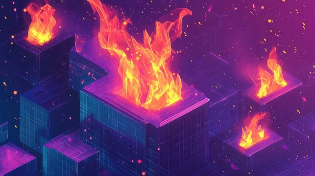 Abstract digital city or network blocks generating or consuming energy with bright glowing flames representing data processing, overheating, or system crisis in a futuristic cyberspace environment - Powered by Adobe