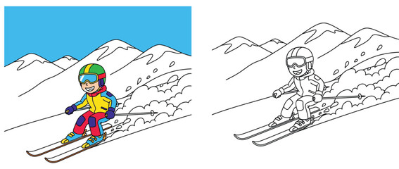 Cartoon boy skiing fast downhill with coloring book page outline. Winter sport vector illustration for kids with mountain background.