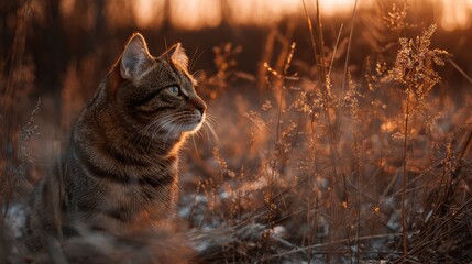a cat sits in tall grass at dusk, with vibrant autumn colors illuminating the scene