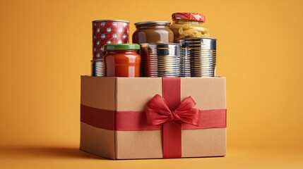 Box filled with food cans and jars. Ready for food donations to local community, nonprofits and charities. Holiday season gift, supporting food bank programs.