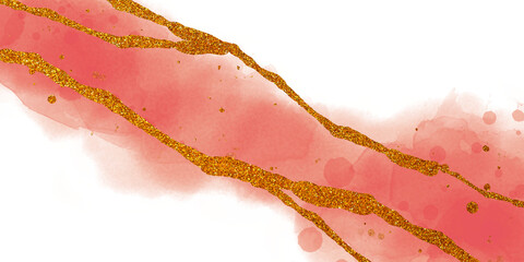 coral pink watercolor background with diagonal gold glitter streaks for elegant luxury designs, invitations, branding, wedding invitation, beauty products, or artistic digital graphic templates