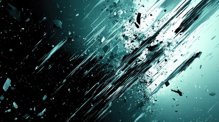 Abstract background showing sharp fragmented teal and black elements streaking across a gradient, illustrating concepts of breaking, digital disruption, impact, and dynamic energy