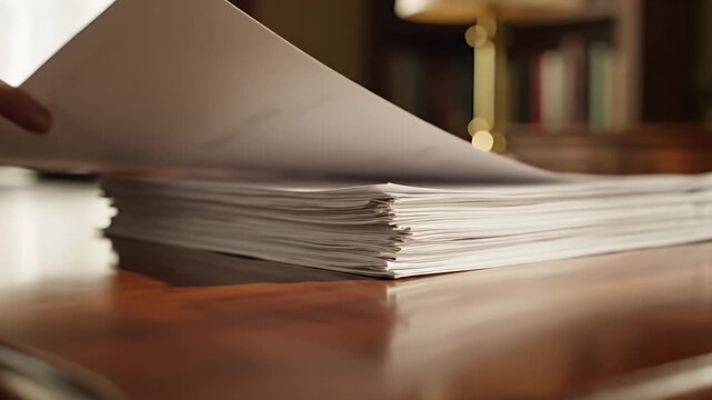 Reviewing Documents on a Wooden Desk with Lamp.