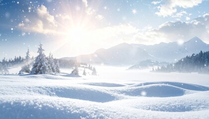 スキーや冬のイメージ　青空と太陽が輝く雪原と美しい冬山の絶景風景	