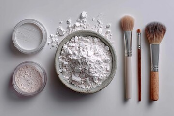 Make up brushes, eyeshadow and powder. Colour trend of 2026. Cloud Dancer Color Pantone 11-4201