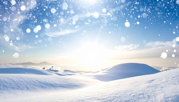 スキーや冬のイメージ　青空と太陽が輝く雪原と美しい冬山の絶景風景	