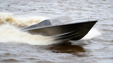 Fototapeta premium Black speedboat cutting through water high speed navigation aquatic transportation