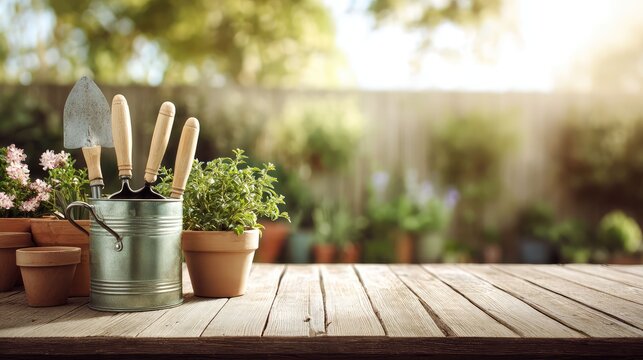 a wooden bench is adorned with various gardening tools and pots, inviting a peaceful outdoor setting near a garden with greenery and plants