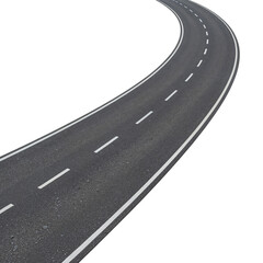 Winding asphalt road with white lane markings leading into the distance on a transparent background