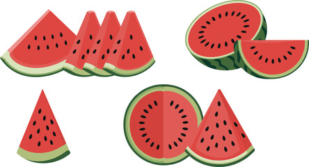 Set of fresh red watermelon slices, pieces, and cut fruit, summer organic produce, healthy food vector
