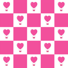 Happy Valentine's Day seamless pattern.Pink hearts in square repeat pattern.Checker board with hot air balloon in pink and white vector graphic illustration wallpaper.
