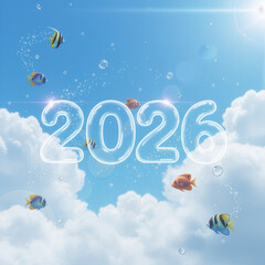 Surreal 2026 Water Bubbles in Blue Sky with Flying Fish - Fantasy Concept.
