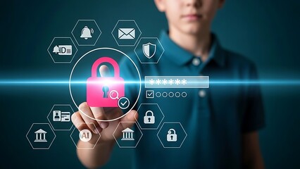 Man interacting with digital security lock and technology icons. Futuristic Cybersecurity Concept Featuring Man Interacting with Digital Lock and Technology Icons
