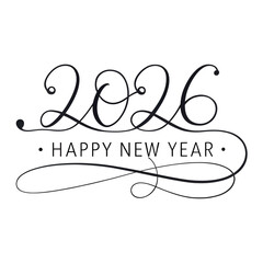 2026 Happy New Year Script Calligraphy with Swirls and Flourishes