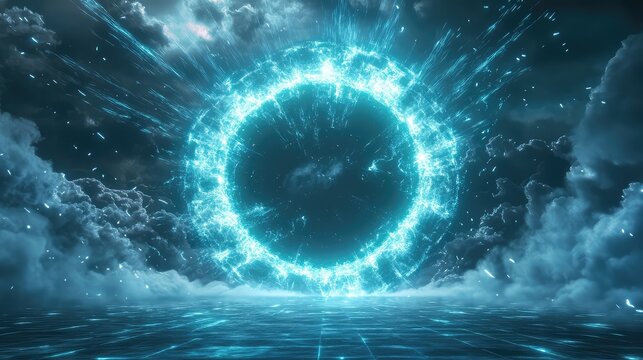 Luminous blue energy sphere generating a powerful explosion of light and particles, forming a futuristic portal against a dark cloudy sky above a grid patterned surface