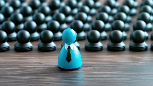 Blue leader pawn with tie on wooden table chess piece, individuality and leadership, crowd contrast strategy focus, business management