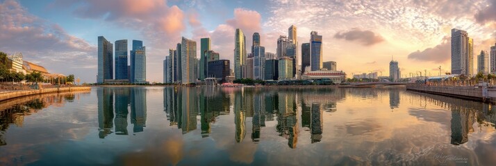 Skyline of Singapore Reflects on Water With Soft Pastel Colors at Sunset Near the Waterfront