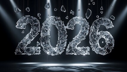 Shattered transparent crystal numbers 2026 on dark background with spotlight illumination shattered crystal