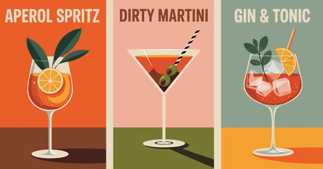 Alcohol cocktails retro poster set, featuring aperol spritz, girty martini, gin and tonic, vintage style flat vector illustrations for bar, pub, restaurant, and kitchen wall art prints.