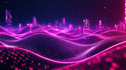 Digital particles forming flowing wave patterns across an abstract landscape with glowing pixelated city structures, representing concepts of technology, data flow, and a futuristic metropolis