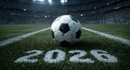 Fototapeta premium Soccer 2026 World Cup - A soccer ball rests on the center line of a stadium field with the numbers 2026