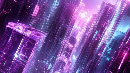 Abstract background showing translucent and reflective cubic shapes creating futuristic architecture with glowing purple and blue light refractions, symbolizing technology and digital innovation