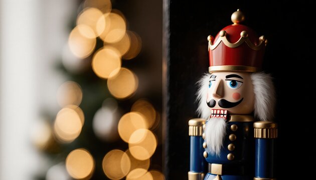 Colorful Nutcracker Figurine with Blurred Christmas Lights Background