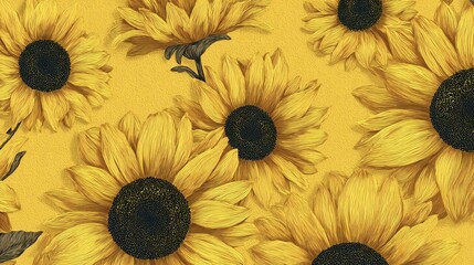 Golden Sunflower Blossom Pattern with Bird
