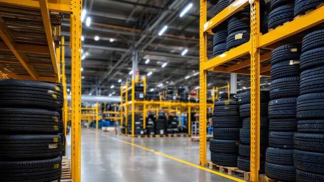 Yellow tire warehouse shelving stacked high with rows of black tires, the bold yellow metal frames creating strong contrast against the deep rubber textures, illuminated by bright