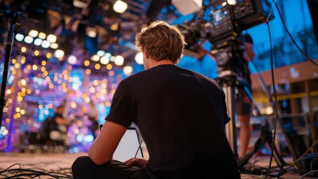 Young director deeply engaged in reviewing playback with a cinematographer, crew bustling around setting up fresh visuals, cables snaking across the floor under vibrant studio ligh